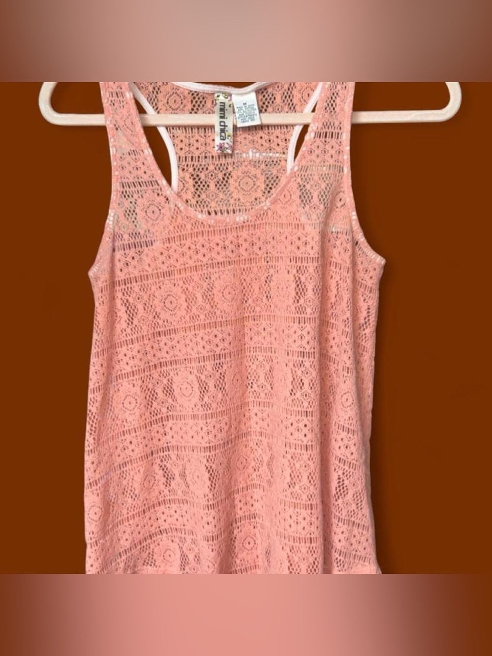 Mimi Chica Peach-Pink Crochet Racerback Tank